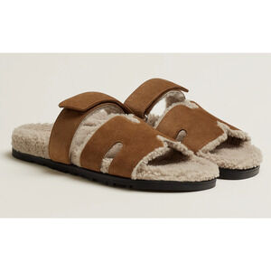 Hermes Chypre Sandal Mens Suede Shearling Fur H Logo Slide Slip On Flat 43 10